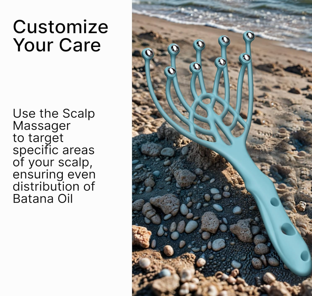 Using the included scalp massager tool to gently stimulate scalp after applying Batana Oil