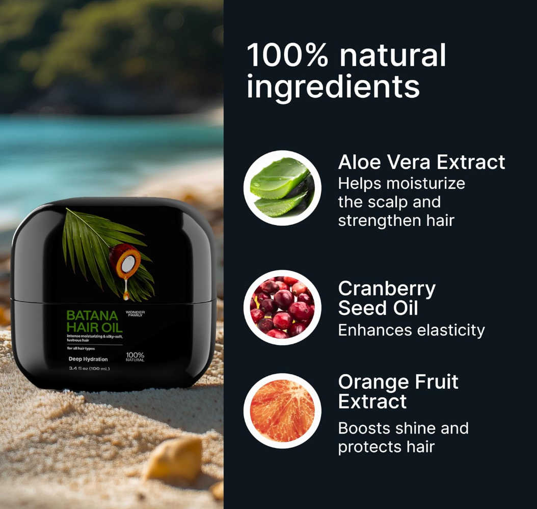 Natural ingredient blend featuring a fresh Aloe Vera leaf, rich Batana Oil, bright orange slices, and vibrant red cranberries displayed together