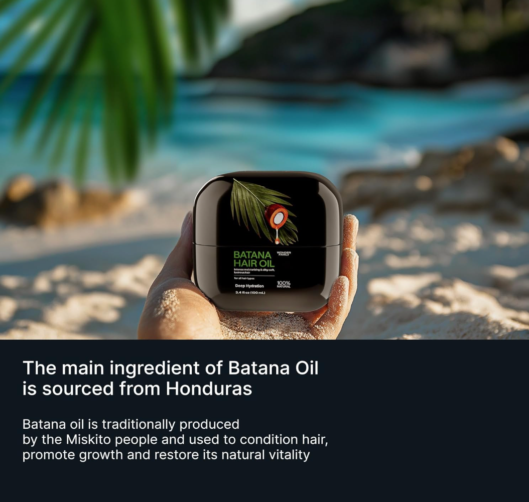 Jar of pure, unrefined Raw Batana Oil with rich texture, sourced from Honduras.