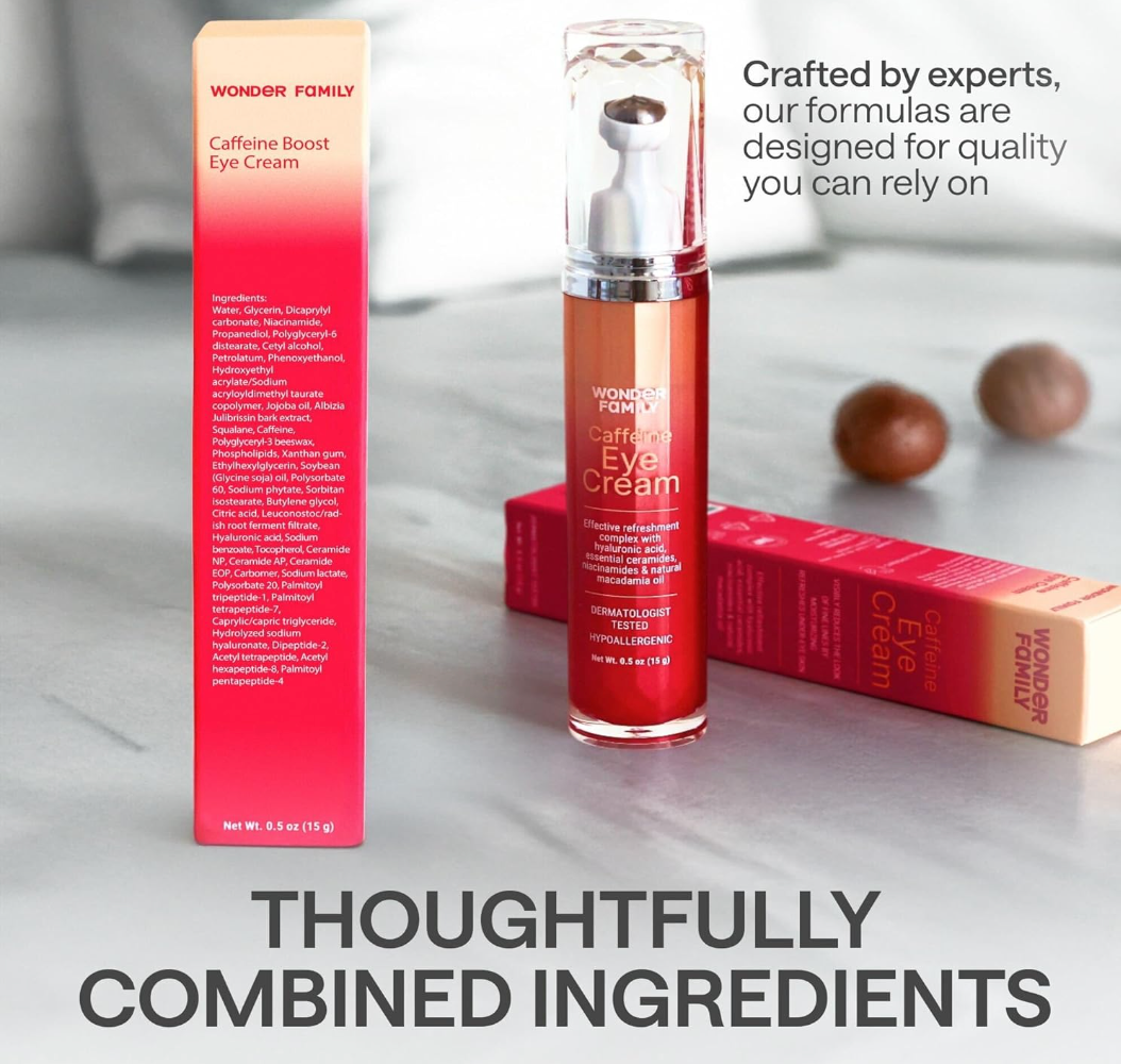 Wonder Family Caffeine Eye Serum Roller shown next to its premium packaging box.