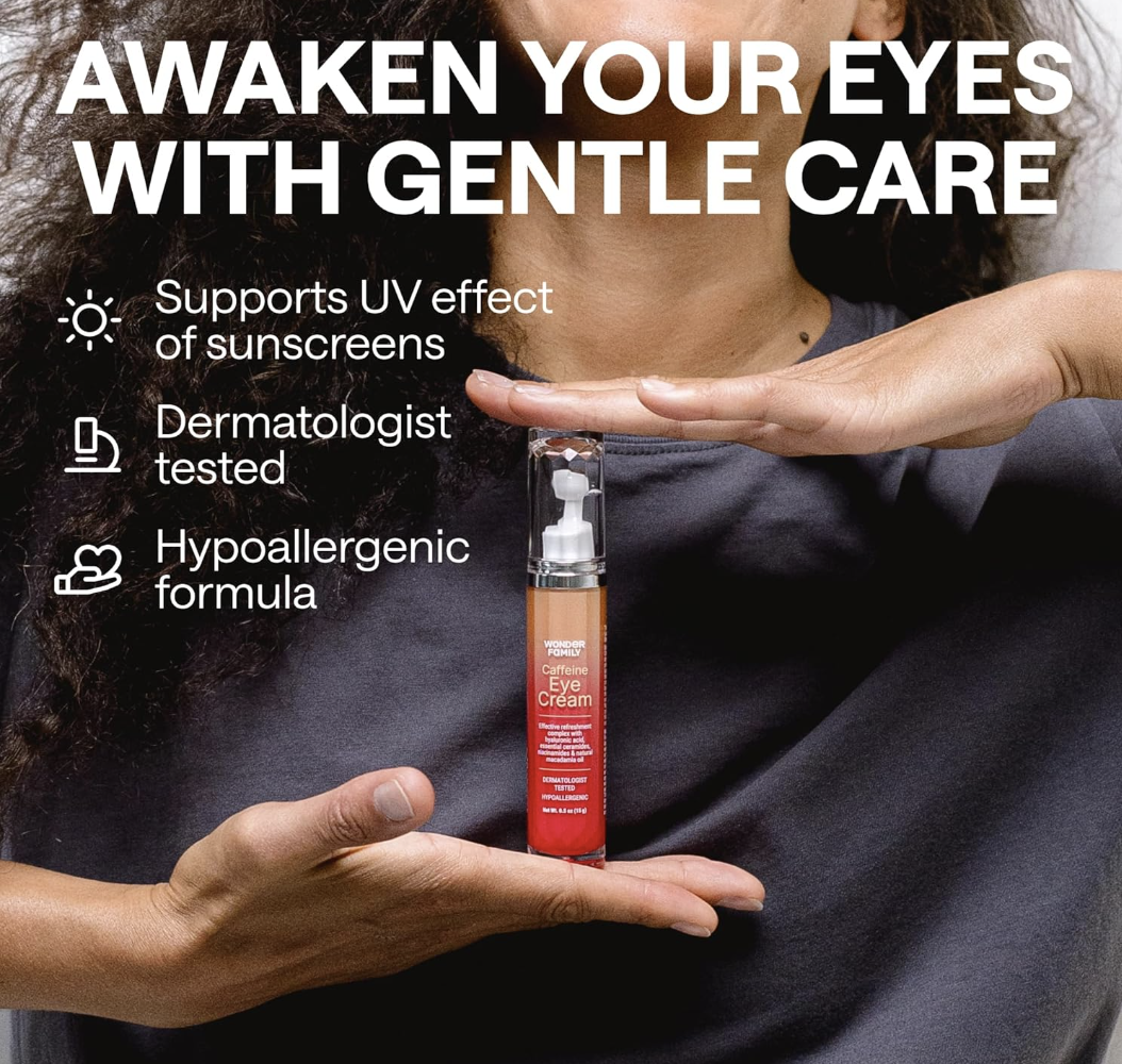 Photo of the clear Caffeine, Niacinamide, and Hyaluronic Acid eye serum being held by happy woman.