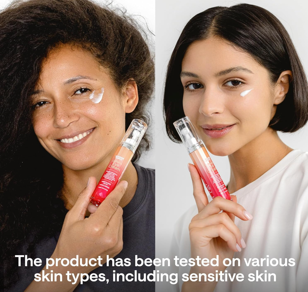 Smiling person holding the Wonder Family eye serum roller, showcasing refreshed under-eyes and anti-aging resuts